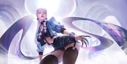 Rule 34 | 1girl, absurdres, backlighting, black panties, black skirt, black thighhighs, blue jacket, breasts, chinese commentary, claws, commentary request, cropped jacket, earrings, evelynn (league of legends), garter straps, highres, jacket, jewelry, league of legends, light purple hair, lipstick, long hair, looking at viewer, looking down, makeup, medium breasts, panties, pantyshot, parted lips, photoshop (medium), puffy sleeves, purple lips, ruanhan, skirt, solo, the baddest evelynn, thighhighs, thighs, underwear, yellow eyes