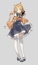 Rule 34 | 1girl, :p, absurdres, animal ear fluff, animal ears, aqua eyes, bare shoulders, bell, black footwear, blonde hair, blush, bow, cat ears, cat tail, detached sleeves, full body, grey background, high heels, highres, jingle bell, lai dou laile 555, looking at viewer, lucie (millie parfait), millie parfait, nijisanji, nijisanji en, orange bow, ribbon, see-through, see-through sleeves, short hair, simple background, solo, tail, tail ornament, tail ribbon, thighhighs, tongue, tongue out, virtual youtuber, white thighhighs