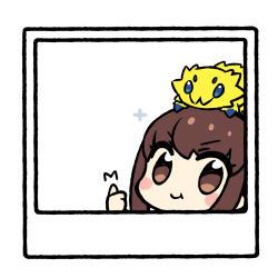 Rule 34 | 1girl, :t, blush stickers, brown hair, chan co, chibi, creatures (company), crossover, fate/extra, fate (series), game freak, gen 5 pokemon, joltik, lowres, nintendo, on head, photo (object), pokemon, pokemon (creature), pokemon on head, polaroid, thumbs up, white background