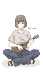 Rule 34 | 1girl, black eyes, black pants, bob cut, bracelet, bright pupils, brown hair, closed mouth, full body, grey shirt, highres, holding, holding instrument, indian style, instrument, jewelry, miko35, music, original, pants, playing instrument, sandals, shirt, short hair, simple background, sitting, smile, solo, toenails, ukulele, white background, white pupils