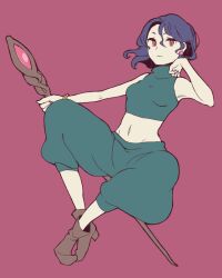 Rule 34 | 1girl, armpits, blue hair, breasts, brown footwear, clothing cutout, crop top, doukutsu monogatari, earrings, expressionless, floating, full body, green shirt, hand on own cheek, hand on own face, haru (pisces0619), holding, holding staff, jewelry, looking at viewer, looking down, medium hair, misery (doukutsu monogatari), navel, navel cutout, pale skin, pointy footwear, purple background, red eyes, shirt, slit pupils, small breasts, solo, sphere earrings, staff, wristlet