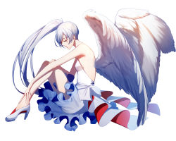 Rule 34 | 1girl, angel wings, asd13, bad id, bad pixiv id, bare arms, bare legs, bare shoulders, breasts, closed eyes, dress, frilled dress, frills, high heels, long hair, medium breasts, ponytail, profile, rwby, scar, scar across eye, scar on face, side ponytail, simple background, sitting, solo, strapless, strapless dress, weiss schnee, white background, white dress, white hair, wings