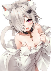 Rule 34 | 1girl, :d, absurdres, animal ear fluff, animal ears, bare shoulders, bell, blush, breasts, cat ears, cat girl, cat hair ornament, cat tail, cleavage, collar, collarbone, dress shirt, fangs, from above, hair ornament, hair over one eye, hasumi (hasubatake39), heart, highres, jingle bell, kuon (hasumi (hasubatake39)), leaning forward, long sleeves, looking at viewer, looking up, medium breasts, naked shirt, neck bell, no bra, off shoulder, open mouth, original, shirt, short hair, silver hair, simple background, sleeves past wrists, smile, solo, tail, white background, white shirt