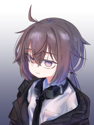 Rule 34 | 1girl, ahoge, black jacket, black necktie, brown hair, closed mouth, collared shirt, commentary request, girls&#039; frontline, gradient background, grey background, headphones, headphones around neck, hexaa, highres, jacket, long hair, m200 (girls&#039; frontline), necktie, off shoulder, open clothes, open jacket, purple eyes, shirt, solo, white background, white shirt