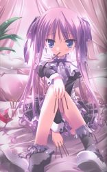 Rule 34 | 00s, 1girl, absurdres, bed, blue eyes, food, highres, hiiragi kagami, lucky star, pocky, purple hair, shoes, unworn shoes, single shoe, solo, tinker bell (pixiv 10956015), twintails