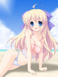 Rule 34 | 1girl, arm support, bad id, bad pixiv id, beach, bikini, blonde hair, blue eyes, breasts, cleavage, day, flyable heart, hanging breasts, hisane, impossible clothes, impossible shirt, long hair, minase sakurako, shirt, solo, swimsuit, tankini
