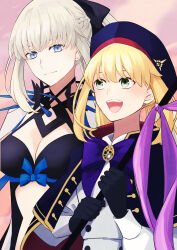 Rule 34 | 2girls, absurdres, artoria caster (fate), artoria caster (second ascension) (fate), artoria pendragon (fate), black bow, black dress, blonde hair, blue bow, blue bowtie, blue eyes, blue headwear, bow, bowtie, breasts, cleavage, closed mouth, commentary request, dress, fate/grand order, fate (series), gloves, green eyes, grey hair, hair bow, hat, highres, holding, holding weapon, large breasts, long hair, looking at another, morgan le fay (fate), multiple girls, nakanohiro, open mouth, ponytail, siblings, sidelocks, sisters, smile, spikes, teeth, two-tone dress, upper teeth only, weapon, white dress