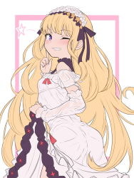 Rule 34 | 1girl, ass, back, bad id, bad pixiv id, blonde hair, blush, breasts, cagliostro (granblue fantasy), detached sleeves, dress, frilled hairband, frills, granblue fantasy, grin, hairband, highres, long hair, long sleeves, looking at viewer, looking back, one eye closed, purple eyes, small breasts, smile, solo, vantrush, very long hair, white dress