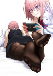 Rule 34 | 1girl, asakura kukuri, ass, black dress, blush, breasts, brown pantyhose, closed mouth, collared dress, creature, dress, fate/grand order, fate (series), feet, foot focus, fou (fate), glasses, hair over one eye, handheld game console, highres, holding, holding handheld game console, legs, licking lips, light purple hair, lying, mash kyrielight, multiple views, necktie, nintendo, nintendo switch, on stomach, pantyhose, purple eyes, red neckwear, short hair, sleeveless, sleeveless dress, smile, soles, toes, tongue, tongue out