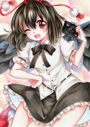 Rule 34 | 1girl, bad id, bad pixiv id, belt, bird wings, black belt, black hair, black skirt, black wings, blush, camera, feathered wings, frilled skirt, frills, hand on own hip, holding, holding camera, kimidori kisuke, looking at viewer, marker (medium), one eye closed, open mouth, pom pom (clothes), puffy short sleeves, puffy sleeves, red eyes, red footwear, red headwear, shameimaru aya, shirt, short sleeves, skirt, tassel, tengu, touhou, traditional media, white shirt, wings