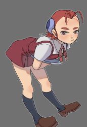 Rule 34 | 1girl, absurdres, antenna hair, breasts, capella titis, closed mouth, commentary request, full body, highres, looking at viewer, nanja, red eyes, red hair, short hair, simple background, socks, solo, tetsuwan birdy decode, thick eyebrows, waitress