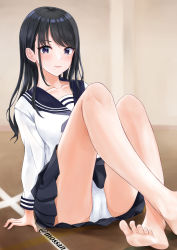 Rule 34 | 1girl, absurdres, alternate costume, arm support, bare legs, barefoot, black hair, blush, collarbone, crossed ankles, highres, idolmaster, idolmaster shiny colors, kazano hiori, knees up, looking at viewer, mole, mole under mouth, mossan (mossan-777), no shoes, panties, pleated skirt, purple eyes, school uniform, serafuku, sitting, skirt, smile, solo, straight hair, toes, underwear, white panties