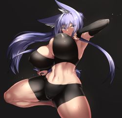 Rule 34 | animal ears, blue eyes, breasts, cleavage, cleavage cutout, clothing cutout, covered erect nipples, detached sleeves, elbow gloves, elbowing, eyes visible through hair, fighting stance, fingerless gloves, gloves, highres, huge breasts, indigo (tylwing), latex, leg up, light purple hair, looking to the side, midriff, original, shorts, solo, sweat, tylwing