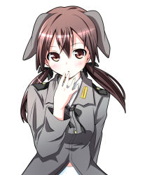 Rule 34 | 1girl, animal ears, bad id, bad pixiv id, blush, brown eyes, brown hair, ears down, gertrud barkhorn, hajime (kin&#039;you club), long hair, military, military uniform, simple background, solo, strike witches, twintails, uniform, world witches series