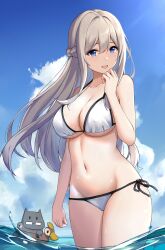 Rule 34 | 1girl, absurdres, bikini, blue eyes, blue sky, braid, breasts, cloud, collarbone, commentary request, day, french braid, grey hair, hair between eyes, highres, large breasts, lexington (warship girls r), long hair, navel, outdoors, partially submerged, side-tie bikini bottom, sky, solo, standing, swimsuit, very long hair, warship girls r, white bikini, xiao qi
