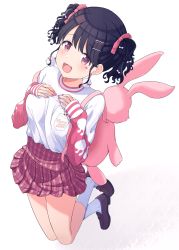 Rule 34 | 1girl, absurdres, animal bag, astire43, backpack, bag, black hair, commentary request, earrings, fangs, fukumaru koito, full body, hair ribbon, hands on own breasts, highres, idolmaster, idolmaster shiny colors, jewelry, loafers, looking at viewer, miniskirt, nail polish, open mouth, pink nails, pink ribbon, pink skirt, plaid, plaid skirt, pleated skirt, purple eyes, rabbit bag, ribbon, shirt, shoes, skin fangs, skirt, sleeves past wrists, socks, solo, texture, twintails, white background, white shirt, white socks