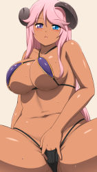 Rule 34 | 1girl, anime coloring, bikini, blush, breasts, broken horn, capitan (tsyoujo), clothed masturbation, collarbone, dark-skinned female, dark skin, demon girl, demon horns, female masturbation, fingering, hair between eyes, hand under clothes, hand under swimsuit, heterochromia, highres, horns, laplazo (capitan (tsyoujo)), large breasts, long hair, masturbation, navel, o-ring, o-ring bikini, open mouth, original, pink hair, pussy, pussy juice, pussy peek, simple background, sitting, skindentation, solo, spread legs, sweat, swimsuit, thong