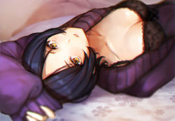 Rule 34 | 10s, 1girl, bad id, bad pixiv id, bed sheet, black bra, black hair, blurry, bra, breasts, cleavage, clothes pull, collarbone, depth of field, hayami kanade, idolmaster, idolmaster cinderella girls, lace, lace-trimmed bra, lace trim, long sleeves, looking at viewer, lying, medium breasts, mia (miaflocon), on back, on bed, parted lips, purple sweater, short hair, sleeves past wrists, snowflake print, solo, sweater, sweater pull, underwear, upper body, yellow eyes
