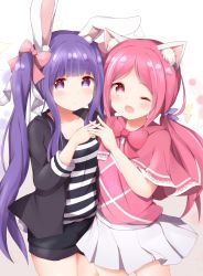 Rule 34 | ;d, animal ears, black shorts, blunt bangs, bow, bowtie, capelet, casual, cat ears, commentary request, commission, hair bow, hair ribbon, highres, hood, hooded jacket, jacket, long hair, long sleeves, looking at viewer, low twintails, one eye closed, open mouth, original, pink eyes, pink hair, pixiv commission, pleated skirt, purple eyes, purple hair, rabbit ears, ribbon, shirt, short shorts, shorts, sidelocks, simple background, skirt, smile, striped clothes, striped shirt, tutsucha illust, twintails, white background, white skirt
