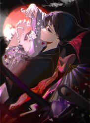 Rule 34 | 1boy, androgynous, black kimono, blunt bangs, blunt ends, blunt tresses, bob cut, cloud, cloudy sky, colored inner hair, confetti, eyelashes, floral print, floral print kimono, flower, furisode, furisode sleeves, hand fan, highres, holding, hunter x hunter, inverted bob, japanese clothes, kalluto zoldyck, kimono, komeokun, looking at object, mole, mole under mouth, moon, motion blur, multicolored clothes, multicolored hair, night, night sky, paper chain, paper doll chain, red moon, sky