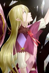 Rule 34 | 1girl, ahoge, arm up, blonde hair, bow, bowtie, capelet, from side, green eyes, hair between eyes, kurose nao, long hair, looking up, magilou (tales), parted lips, pointy ears, red bow, red bowtie, solo, tales of (series), tales of berseria, upper body, very long hair