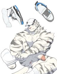Rule 34 | 1boy, animal ears, anus, arknights, bara, baseball cap, chest tuft, completely nude, dressing, fang, fang out, furry, furry male, half-erect, hat, huge eyebrows, large pectorals, male focus, mountain (arknights), muscular, muscular male, nude, pectorals, penis, scar, scar across eye, shoes, short hair, sneakers, socks, solo, spread legs, thick eyebrows, tiger boy, tiger ears, uncensored, weisun (leoooliooon), white hair