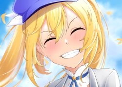 Rule 34 | 1girl, beret, blonde hair, blue hat, closed eyes, day, dokibird (vtuber), gorgenzolla, hat, highres, indie virtual youtuber, light blush, long hair, looking at viewer, outdoors, shirt, smile, solo, teeth, twintails, virtual youtuber, white shirt, wind