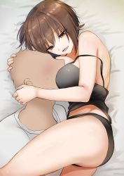 Rule 34 | 1girl, absurdres, bed, black camisole, black panties, breasts, brown eyes, brown hair, camisole, emilio (tetsukazu no ao), emiliopan2, face to breasts, faceless, from above, from side, girls und panzer, highres, hug, large breasts, lying, medium breasts, messy hair, midriff peek, morning, nishizumi maho, off shoulder, on bed, panties, sleeveless, smile, strap slip, thighs, underwear, waking up