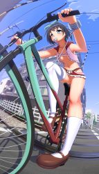 Rule 34 | 1girl, absurdres, bicycle, black hair, blue eyes, blush, breasts, brown footwear, cleft of venus, cloud, collarbone, cuffs, day, exhibitionism, food, from below, hadaparuka, hair ornament, hair ribbon, handcuffs, highres, kunihiro hajime, microskirt, navel, nipples, no bra, no panties, nude, outdoors, popsicle, public indecency, pussy, ribbon, saki (manga), shiny skin, short hair, skirt, sky, small breasts, solo, thighhighs, white thighhighs