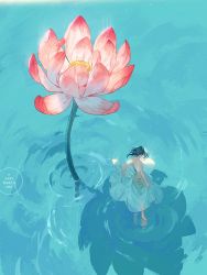Rule 34 | 1girl, bare arms, bare back, barefoot, black hair, clothes lift, commentary, dress, english commentary, flower, flower request, full body, loika, long hair, looking back, lotus, original, shadow, skirt, skirt lift, standing, water, water world, watermark, white dress, wide shot