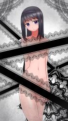 Rule 34 | 10s, 1girl, akemi homura, bad id, bad pixiv id, bar censor, black hair, breasts, censored, cleavage, collarbone, expressionless, grey background, groin, hairband, head tilt, highres, long hair, looking at viewer, mahou shoujo madoka magica, mahou shoujo madoka magica (anime), navel, nude, paisen, purple eyes, simple background, small breasts, solo, standing, stomach, very long hair