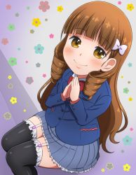 Rule 34 | 1girl, smile, black thighhighs, blue jacket, blue skirt, blunt bangs, blush, bow, bowtie, brown eyes, brown hair, closed mouth, drill hair, feet out of frame, frilled skirt, frilled thighhighs, frills, from above, garter straps, hair bow, hair ornament, hands up, highres, hitoribocchi no marumaru seikatsu, jacket, jougenmushi, legs together, long hair, long sleeves, looking at viewer, looking up, ojousa mayo, own hands together, pleated skirt, red bow, red bowtie, school uniform, sitting, skirt, smile, thighhighs, twin drills, zettai ryouiki