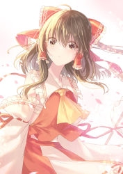 Rule 34 | 1girl, ahoge, ascot, bare shoulders, bow, brown eyes, brown hair, day, dress, frilled dress, frilled skirt, frills, hair ribbon, hakurei reimu, highres, japanese clothes, large bow, looking at viewer, miko, nontraditional miko, petals, red bow, ribbon, shiohari kanna, skirt, touhou, white background