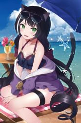 Rule 34 | 1girl, animal ear fluff, animal ears, bare shoulders, beach umbrella, between legs, bikini, black bikini, black hair, blue sky, breasts, cat ears, cat tail, cloud, cloudy sky, cocktail glass, collarbone, cup, day, drinking glass, drinking straw, eyewear on head, fang, flower, green eyes, halterneck, highres, horizon, jacket, karyl (princess connect!), karyl (summer) (princess connect!), komazuki (komaworks240), long hair, looking at viewer, low twintails, multicolored hair, ocean, off shoulder, open mouth, outdoors, pink flower, princess connect!, purple jacket, sitting, sky, small breasts, solo, star (symbol), streaked hair, sunglasses, swimsuit, tail, thigh strap, tropical drink, twintails, umbrella, very long hair, white hair
