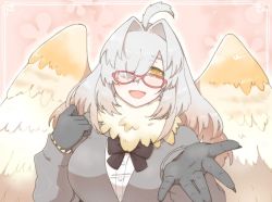 Rule 34 | 1girl, ahoge, black bow, blush, bow, breasts, feathered wings, feathers, gg ths lah, glasses, hair intakes, hair over one eye, large breasts, neck fur, open mouth, outstretched hand, pink background, red-framed eyewear, solo, tokyo houkago summoners, white feathers, white hair, wings, yellow eyes, yellow feathers, ziz (housamo)