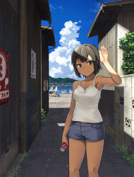 Rule 34 | 1girl, arm up, black hair, breasts, camisole, can, closed mouth, coca-cola, collarbone, day, denim, denim shorts, drink can, hashi, holding, holding can, light smile, looking at viewer, medium breasts, original, outdoors, poster (object), short hair, short shorts, shorts, smile, soda can, solo, solo focus, standing, summer, tan
