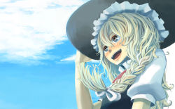 Rule 34 | 1girl, :d, black dress, blonde hair, blue eyes, blush, curly hair, dress, female focus, from side, hat, itsutsu, kirisame marisa, open mouth, puffy short sleeves, puffy sleeves, short sleeves, sky, smile, solo, touhou, witch hat