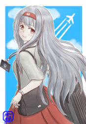 Rule 34 | 1girl, bag, black bag, blush, brown eyes, casual, from side, grey hair, hairband, handbag, japan airlines, jewelry, kanadetoki, kantai collection, long hair, looking at viewer, looking to the side, official alternate costume, red hairband, red socks, ring, shirt, shoukaku (kancolle), socks, solo, suitcase, watch, wedding ring, white shirt, wristwatch
