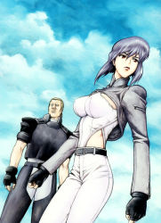 Rule 34 | 00s, 1boy, 1girl, absurdres, batou (gits), belt, black gloves, breasts, clenched hands, closed mouth, cloud, covered erect nipples, cowboy shot, crop top, cropped jacket, cyborg, day, fingerless gloves, from side, ghost in the shell, ghost in the shell stand alone complex, gloves, hair between eyes, highleg, highleg leotard, highres, impossible clothes, impossible leotard, jacket, kusanagi motoko, large breasts, leotard, lips, long sleeves, looking to the side, open clothes, open jacket, outdoors, pants, ponytail, purple hair, red eyes, serious, shimomura makoto, short hair, sideboob, silver hair, skinny, sky, traditional media, turtleneck, zipper