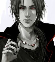 Rule 34 | 1boy, akatsuki (naruto), jewelry, lily (artist), long hair, lowres, male focus, monochrome, nail polish, naruto, naruto (series), necklace, ponytail, red eyes, ring, scar, solo, spot color, uchiha itachi
