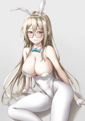Rule 34 | 1girl, akane (blue archive), akane (bunny) (blue archive), animal ears, bare shoulders, blonde hair, blue archive, blue bow, blue bowtie, blush, bow, bowtie, breasts, brown eyes, cleavage, closed mouth, fake animal ears, feet out of frame, glasses, gloves, hands on floor, highres, large breasts, leotard, long hair, looking at viewer, naga (pixiv70891418), on floor, pantyhose, playboy bunny, rabbit ears, smile, solo, white background, white gloves, white leotard, white pantyhose