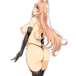 Rule 34 | 1girl, animal ears, ass, black panties, black thighhighs, blush, breasts, cowboy shot, curvy, elbow gloves, gloves, large breasts, long hair, looking at viewer, looking back, nipples, open mouth, original, panties, pink hair, profile, q (a72pgc), red eyes, simple background, skindentation, solo, thighhighs, thong, topless, underwear, white background