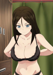 Rule 34 | 10s, 1girl, adjusting bra, adjusting clothes, arms behind back, bare shoulders, black bra, black hair, black panties, blue eyes, bra, breasts, cleavage, closet, collarbone, curtains, expressionless, girls und panzer, hair between eyes, indoors, inoshira, lace, lace-trimmed bra, lace trim, large breasts, long hair, looking down, navel, nonna (girls und panzer), panties, parted bangs, shiny skin, sidelocks, solo, sweatdrop, twitter username, underwear, underwear only