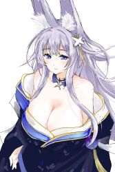 Rule 34 | 1girl, animal ear fluff, animal ears, azur lane, bare shoulders, blue eyes, blue kimono, breast hold, breasts, cleavage, detached collar, fox ears, from above, highres, hokkaidonder, japanese clothes, kimono, large breasts, light purple hair, long hair, looking at viewer, off shoulder, shinano (azur lane), simple background, solo, white background