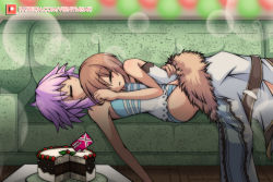 Rule 34 | 2girls, arm around waist, ass, bare shoulders, blanc (neptunia), cake, camisole, clothes down, coat, commentary, couch, dress, english commentary, food, fur-trimmed coat, fur trim, hair between eyes, hug, indoors, lying on person, medium hair, multiple girls, neptune (neptunia), neptune (series), no hairclip, on couch, panties, sleeping, sleeping on person, striped clothes, striped panties, thighs, underwear, verniy misaki, white dress