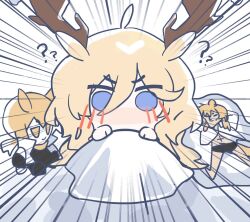 Rule 34 | 1girl, ?, ahoge, animal ears, antlers, arknights, blonde hair, blue eyes, blush, body pillow, chibi, commentary, deer antlers, deer ears, deer girl, emphasis lines, english commentary, fumo (doll), hair between eyes, highres, horns, long hair, nearl (arknights), nearl the radiant knight (arknights), pillow, quanx70909457, stuffed toy, under covers, viviana (arknights), waking up