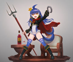 Rule 34 | 1992, 1girl, ahoge, alcohol, blue hair, boots, cape, chain, chain necklace, chair, commentary, covered navel, crop top, fang, faux figurine, fins, fish tail, flat chest, frilled swimsuit, frills, genderswap, genderswap (mtf), glass, highres, hook hand, jewelry, jonathan jones, knee boots, looking at viewer, mario (series), monster girl, necklace, new super mario bros. u deluxe, nintendo, one-piece swimsuit, orange eyes, polearm, shark girl, shark tail, simple background, solo, super crown, super mario rpg, swimsuit, table, tail, thighhighs, trident, weapon, wooden floor