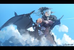 Rule 34 | 1girl, absurdres, ahoge, aircraft, airplane, armor, bare shoulders, blue hair, bodysuit, breasts, cloud, contrail, covered navel, dragon girl, dragon horns, dragon tail, dragon wings, fighter jet, giant, giantess, headgear, highres, horns, jet, large breasts, letterboxed, looking at viewer, mecha musume, military vehicle, natsukaze shigure, original, red eyes, skin tight, standing, tail, wings