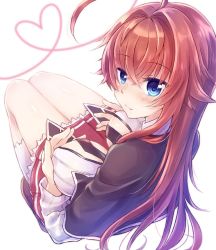 Rule 34 | 1girl, ahoge, blue eyes, blush, breast hold, breasts, hair between eyes, high school dxd, highres, holding, kuoh academy school uniform, large breasts, long hair, long sleeves, looking at viewer, miniskirt, nyaa (nnekoron), red hair, rias gremory, school uniform, shirt, shoes, sideboob, simple background, skirt, smile, socks, solo, thighs, white shirt, white socks