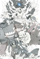 Rule 34 | 10s, 6+girls, absurdly long hair, abyssal jellyfish princess, abyssal ship, ahoge, aircraft carrier princess, ancient destroyer oni, bad id, bad pixiv id, bare shoulders, battleship princess, black hair, bonnet, breasts, chain, cleavage, collar, colored skin, cuffs, double bun, dress, drill hair, floating hair, grin, hair between eyes, hair bun, heavy cruiser princess, hime cut, horns, jacket, japanese clothes, kantai collection, kimono, large breasts, light cruiser oni, long hair, looking at viewer, looking back, midriff, multicolored hair, multiple girls, navel, ninimo nimo, no eyebrows, open clothes, open jacket, orange eyes, partially submerged, red eyes, sailor collar, seaplane tender water princess, shackles, short hair with long locks, side ponytail, smile, standing, standing on liquid, streaked hair, submarine princess, submerged, tail, teeth, tentacles, torn clothes, very long hair, waving, wavy hair, white hair, white skin, wo-class aircraft carrier, yellow eyes
